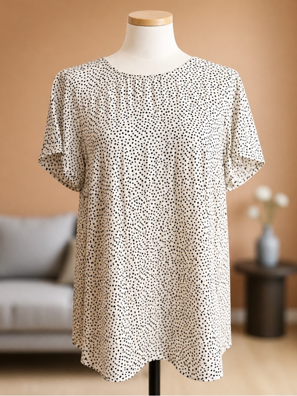 DR2 Polka Dot Blouse 2X Flowy Rayon Work Office Career Top Cream Black